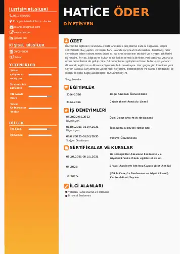 Beslenme Uzmanı Diyetisyen CV Örnekleri cv indir